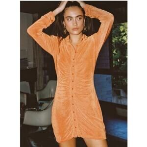 With Jean Andy Long Sleeve Collared Rouched Button Up Orange Mini Dress Medium